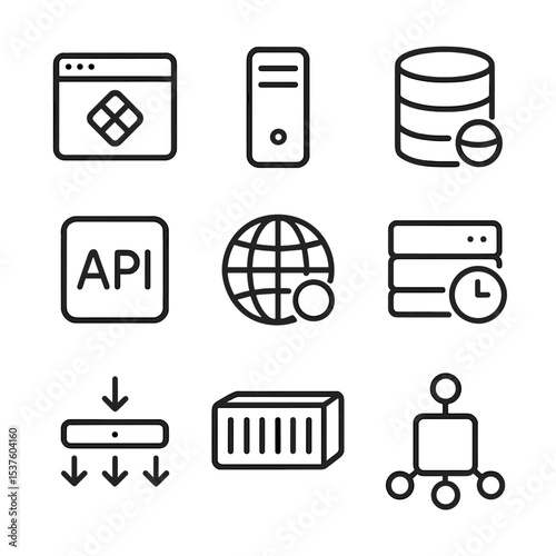 Tech Stack Icons. Outline icon set of tech stack components: frontend framework, backend server, database, API gateway, CDN node,