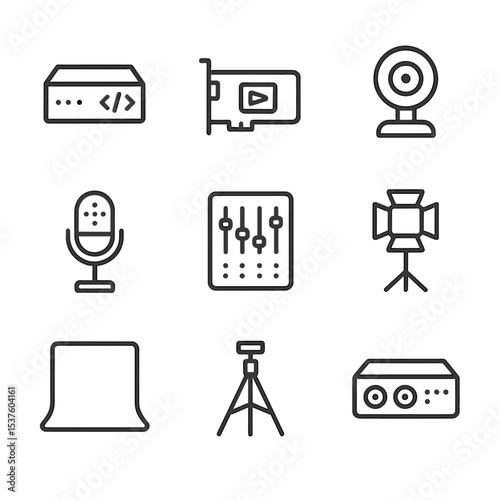 Tech Icon Set. Outline icon set of encoding and hardware: encoder, capture card, webcam, microphone, audio mixer, lighting kit,