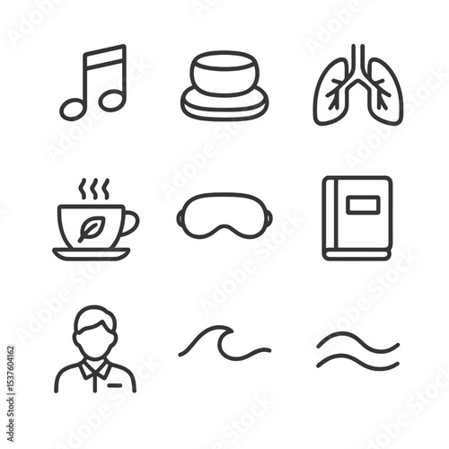 Therapeutic Icons Set. Outline icon set of therapeutic interventions: relaxation music note, meditation cushion, breathing lungs,