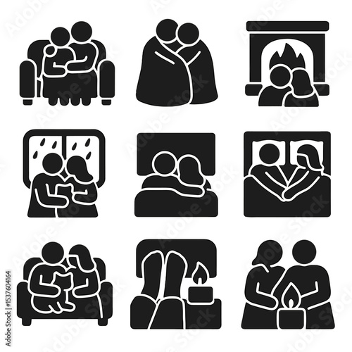 Cozy Home Moments. Solid, filled icons set of home cuddling scenes: couch cuddle, shared blanket, fireplace