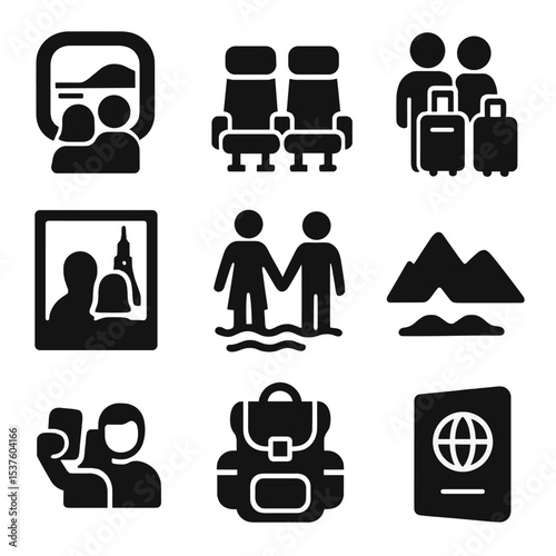 Couple Travel Icons Grid. Solid, filled icons set of couple travel memories: train window view, airplane seat