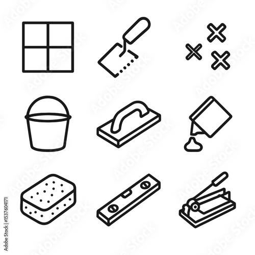 Tile Installation Tools Icons. Outline icon set of tile and grout installation: tile, trowel, spacers, bucket, grout float, grout,