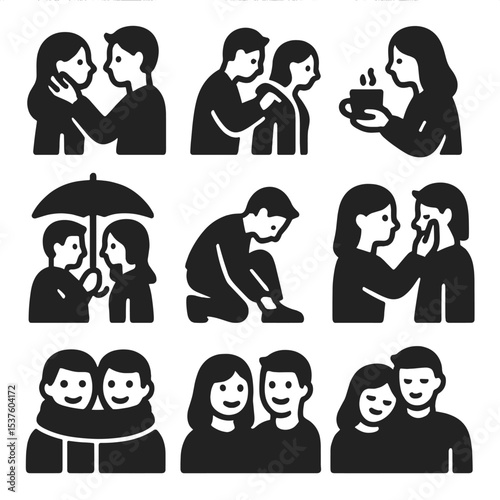 Love in Gestures. Solid, filled icons set of love in small gestures: brushing hair back, helping with jacket,
