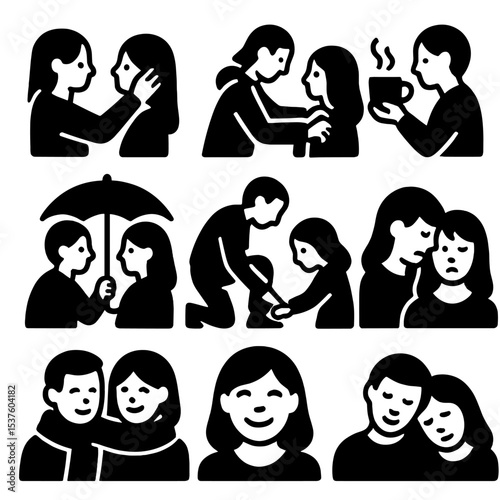 Love in Gestures. Solid, filled icons set of love in small gestures: brushing hair back, helping with jacket,