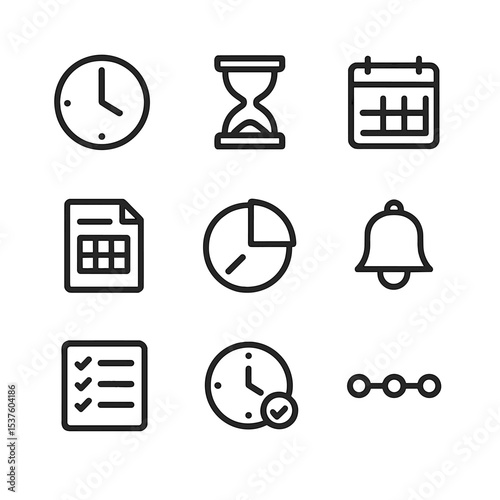 Time Management Icons. Outline icon set of time management: clock, hourglass, calendar, timesheet, pie chart timer, alarm bell, to