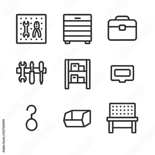 Tool Storage Icons. Outline icon set of tool storage and organization: pegboard, tool chest, toolbox, magnetic strip, shelving