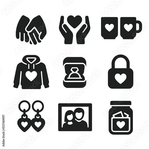 Everyday Love Icons Grid. Solid, filled icons set of everyday love symbols: interlocked fingers, heart between