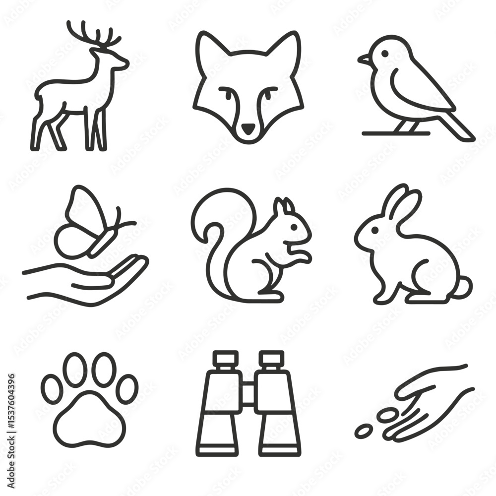 Fototapeta premium Wildlife Icon Set. Outline icon set of wildlife connection moments: deer silhouette, fox face, bird perched, butterfly landing,