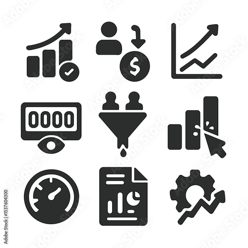 Campaign Performance Icons. Solid, filled icons set of campaign performance review: success chart, conversion