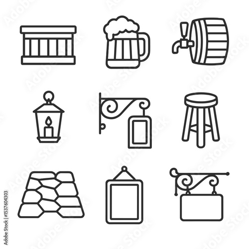 Vintage Tavern Icons. Outline icon set of vintage tavern beer mug scene: wooden bar counter, beer mug, barrel tap, candle lantern,