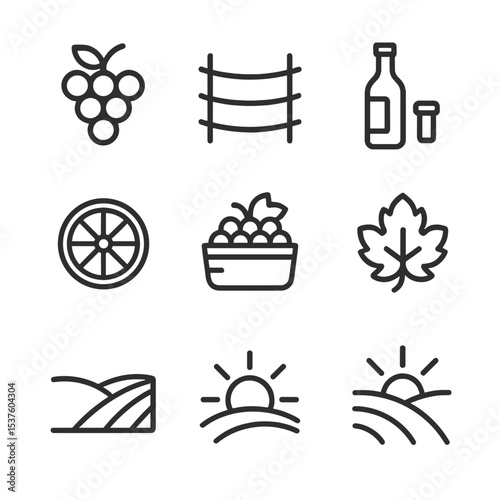 Vineyard Bike Icons. Outline icon set of vineyard bike excursion: grape cluster, vine trellis, wine bottle, cork stopper, bike
