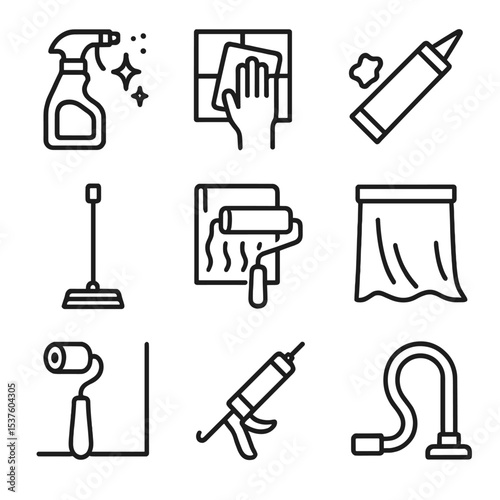 Wall Prep Icon Set. Outline icon set of wall preparation steps: cleaning solution spray, degreaser cloth, filler tube, sanding