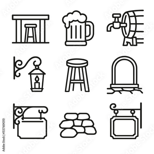Vintage Tavern Icons. Outline icon set of vintage tavern beer mug scene: wooden bar counter, beer mug, barrel tap, candle lantern,