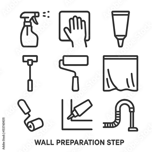 Wall Prep Icon Set. Outline icon set of wall preparation steps: cleaning solution spray, degreaser cloth, filler tube, sanding