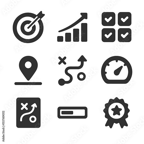 Goal-Oriented Marketing Icons. Solid, filled icons set of goal-oriented marketing: target icon, growth arrow,