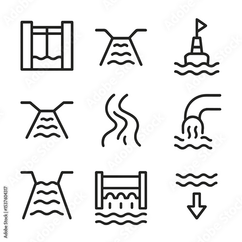 Waterway Channel Icons. Outline icon set of waterway channels: canal lock, irrigation ditch, shipping channel buoy, drainage