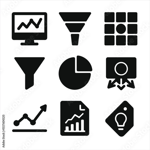 Marketing Data Icons. Solid, filled icons set of marketing data visualization: analytics dashboard, funnel