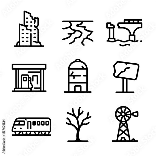 Wasteland Landmark Icons. Outline icon set of wasteland landmarks: crumbling skyscraper, dried riverbed, collapsed bridge,