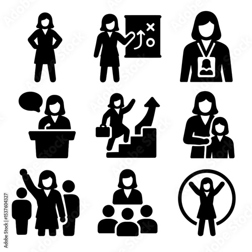 Businesswoman Icon Set. Solid, filled icons set of businesswoman in leadership: confident pose, pointing
