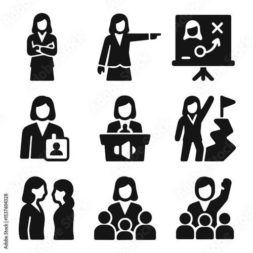 Businesswoman Icon Set. Solid, filled icons set of businesswoman in leadership: confident pose, pointing