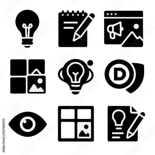Creative Marketing Icons. Solid, filled icons set of creative marketing concepts: lightbulb idea, sketchpad,