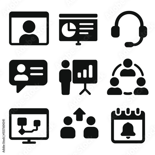 Virtual Meeting Icons. Solid, filled icons set of virtual marketing meetings: video call window, shared screen