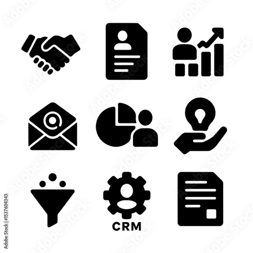 B2B Marketing Icons. Solid, filled icons set of B2B marketing strategies: handshake icon, client brief,