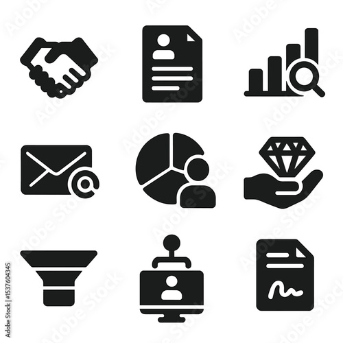 B2B Marketing Icons. Solid, filled icons set of B2B marketing strategies: handshake icon, client brief,