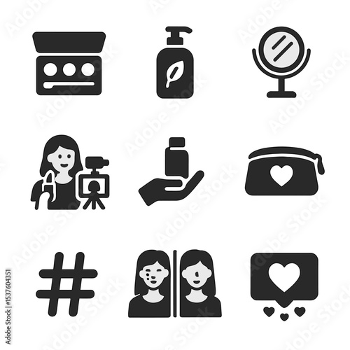 Beauty Influencer Icons. Solid, filled icons set of beauty influencer collabs: makeup palette, skincare bottle