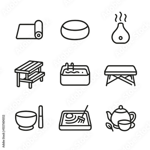 Wellness Icon Set. Outline icon set of wellness and relaxation: yoga mat, meditation cushion, aromatherapy diffuser, sauna bench,