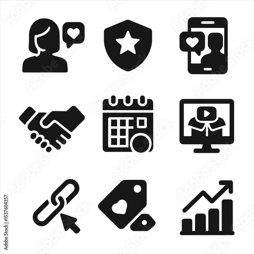 Influencer Collaboration Icons. Solid, filled icons set of influencer collaborations with brands: influencer