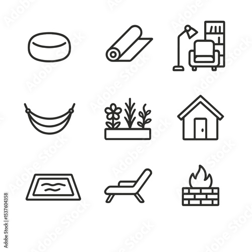 Wellbeing Zone Icons. Outline icon set of wellbeing zones: meditation cushion, yoga mat, reading nook, hammock, sensory garden,