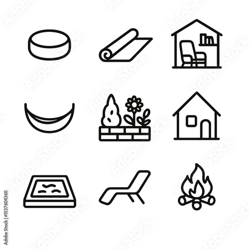 Wellbeing Zone Icons. Outline icon set of wellbeing zones: meditation cushion, yoga mat, reading nook, hammock, sensory garden,