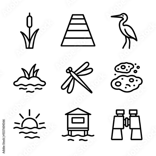Wetland Exploration Icons. Outline icon set of wetland boardwalk path: cattail, boardwalk plank, heron, mud bank, dragonfly, algae