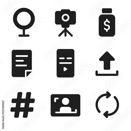Sponsored Content Icons. Solid, filled icons set of sponsored content creation: ring light, tripod setup,