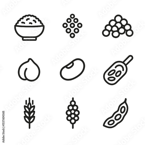 Whole Grains Icons. Outline icon set of whole grains and legumes: brown rice bowl, quinoa grain, lentil pile, chickpea, black bean