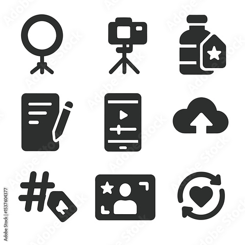Sponsored Content Icons. Solid, filled icons set of sponsored content creation: ring light, tripod setup,