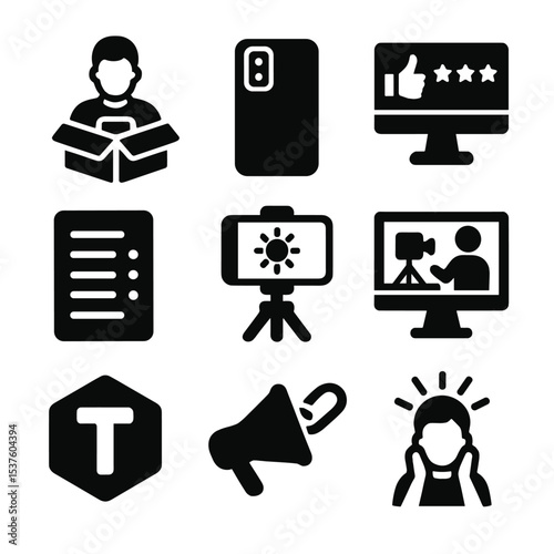 Tech Icon Grid. Solid, filled icons set of tech influencer collaborations: unboxing gear, gadget icon, review