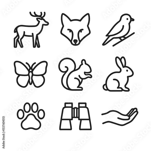 Wildlife Icon Set. Outline icon set of healthy retreat cuisine: salad bowl, fruit platter, green smoothie, herb garnish, wooden