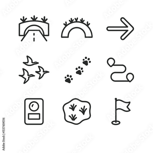 Wildlife Migration Icons. Outline icon set of wildlife corridors & migration: bridge over road, green overpass, directional arrow,