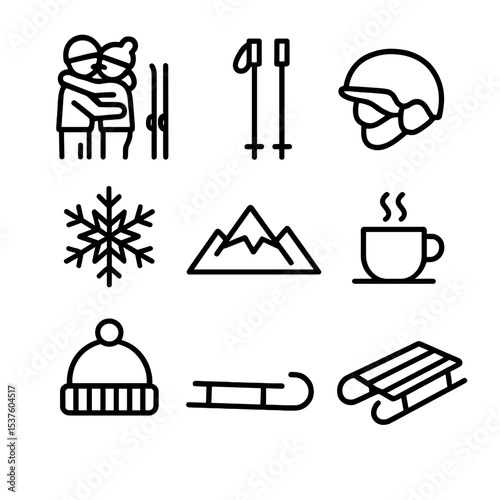 Winter Sports Icons. Outline icon set of winter sports warm-up hugs: skier pair hugging, ski poles down, ski helmet, goggles,