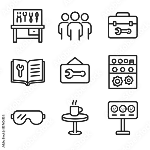 Workshop Icons Grid. Outline icon set of community repair workshops: workbench, group of riders, toolbox, instruction manual,