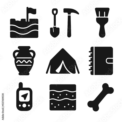 Archaeological Tools Icons. Solid, filled icons set of archaeological field travel: excavation site, digging