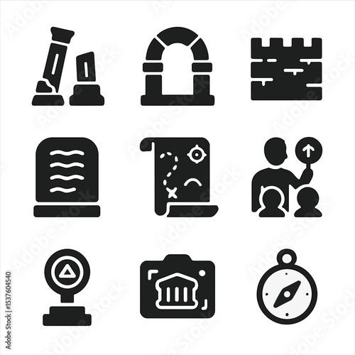 Historical Icons Grid. Solid, filled icons set of historical site exploration: ancient ruins, stone archway,