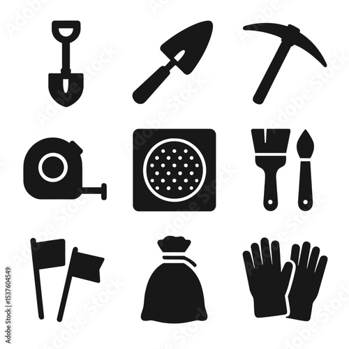 Excavation Equipment Icons. Solid, filled icons set of excavation equipment: shovel, trowel, pickaxe,