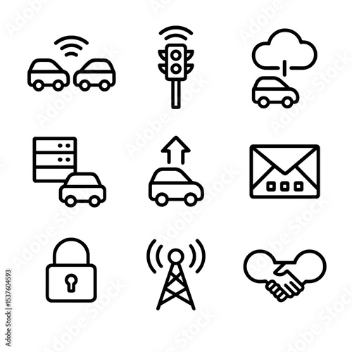 V2X Communication Icons. Outline icon set of vehicle-to-everything communication: V2V signal, V2I beacon, cloud link, edge server,