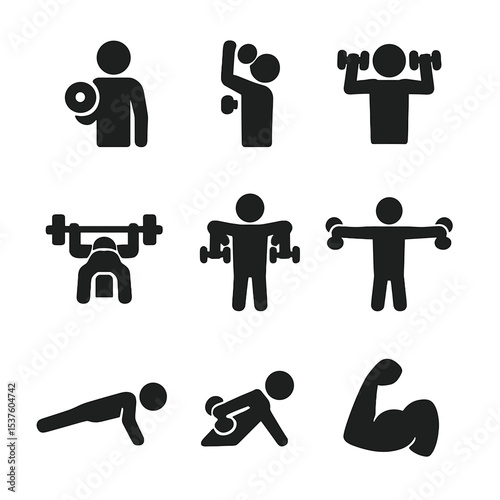 Upper Body Workout Icons. Solid, filled icons set of upper body workouts: bicep curl, tricep extension,