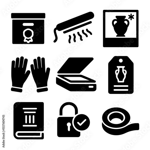 Cultural Heritage Tools Icons. Solid, filled icons set of cultural heritage preservation: sealed archive box,
