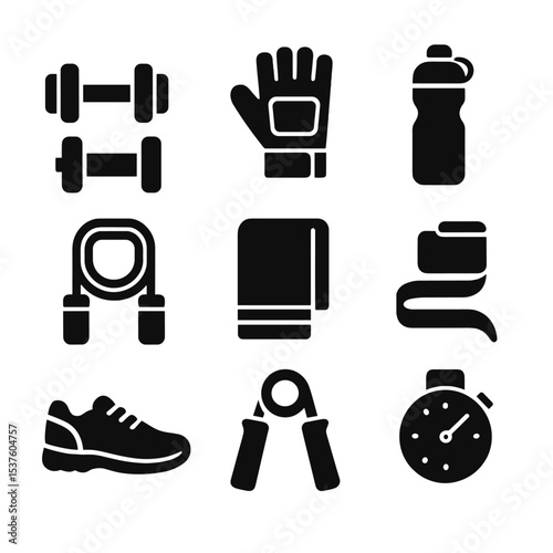 Strength Training Icons. Solid, filled icons set of strength training prep: dumbbells, weight gloves, water