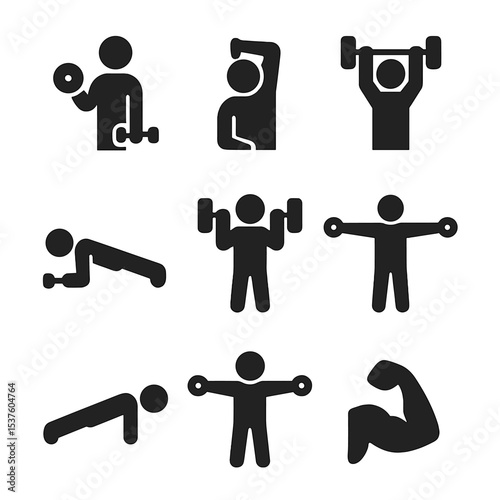 Upper Body Workout Icons. Solid, filled icons set of upper body workouts: bicep curl, tricep extension,